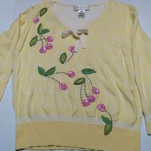 Susan Bristol yellow sweater, cherries, spring embroidery